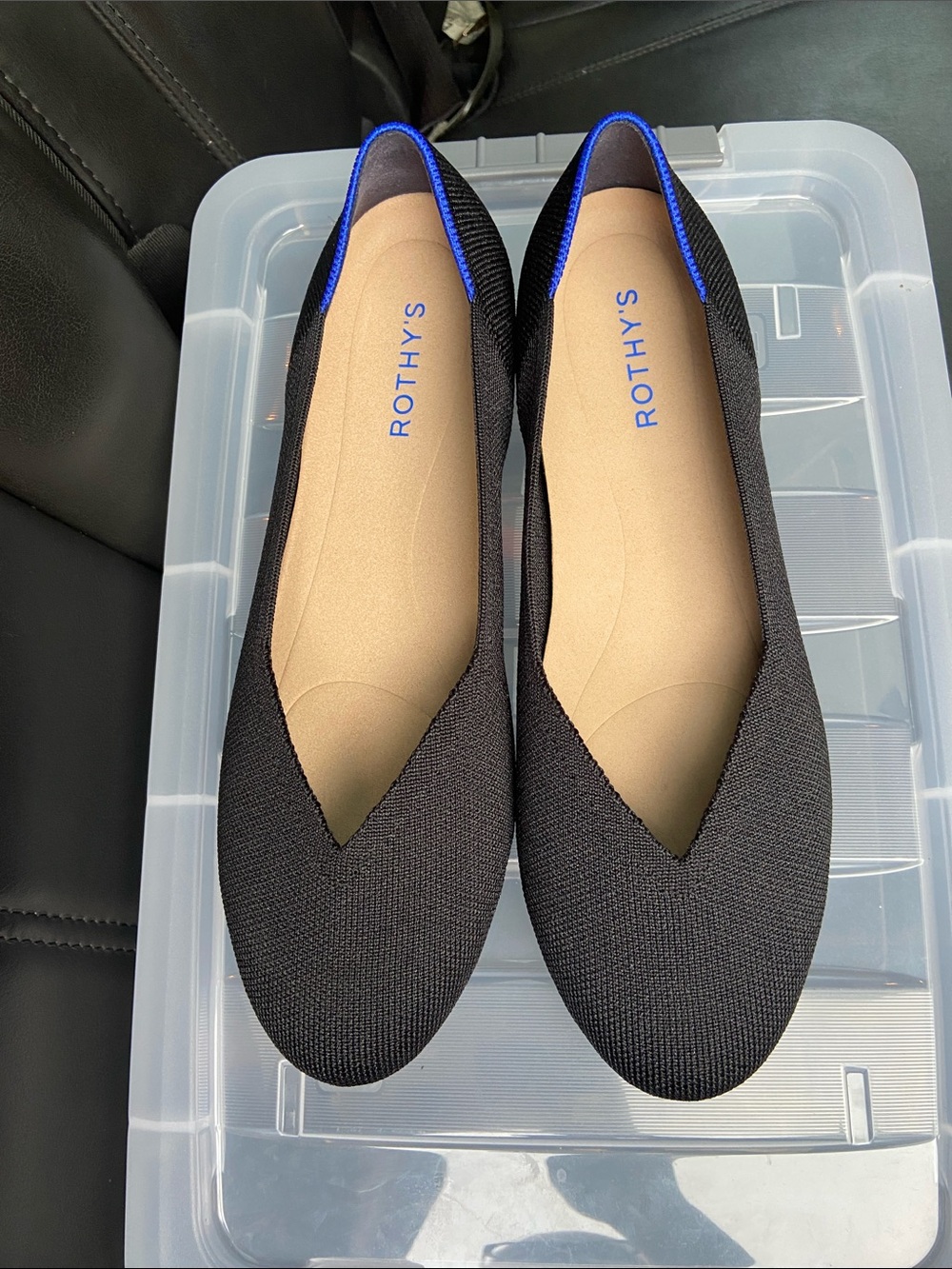Rothy's Black Knit Flats with Blue Trim